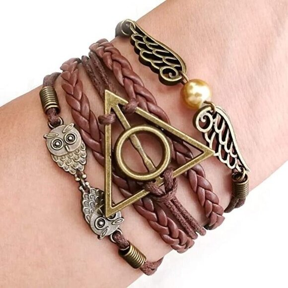 HARRY POTTER Bracelet Bronze Owls Wings Gold Pearl Deathly Hallows Charm - Picture 3 of 4